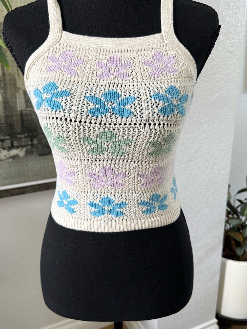 Cream Floral Knit Crop Tank Top - Blue, Lavender & Mint